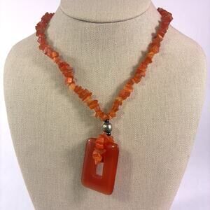 Vintage Red Orange Coral Chip Necklace Pendant 16" Natural Outdoors Beach Style